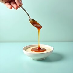 A hand pouring honey from a spoon into a bowl
