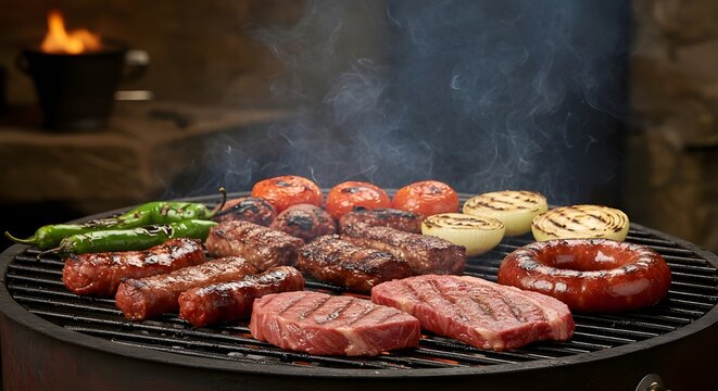 Argentinian parrillada with grilled meat cuts and vegetables served on rustic table.