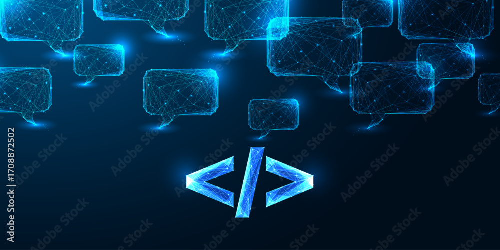 Wall mural coding and digital communication concept with low poly code symbol and speech bubbles, ai vector