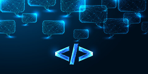 Coding and digital communication concept with low poly code symbol and speech bubbles, AI vector