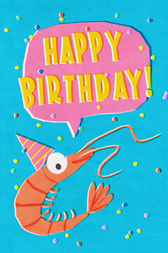 Cheerful Birthday Card with Festive Cartoon Shrimp