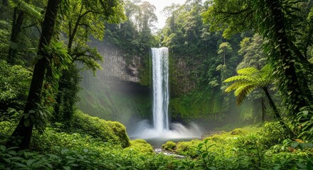 Lush Jungle Waterfall Cascading Through Dense Green Rainforest Scenery