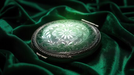 An antique, silver-toned compact rests on emerald green velvet.  Intricate floral etching adorns its lid, subtly glowing from within. The rich fabric drapes softly around it