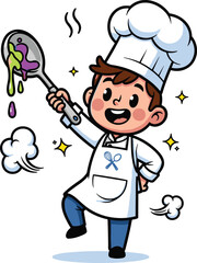 Cartoon chef holding large spoon with colorful sauce, joyful cooking illustration, culinary arts concept, creative food preparation, restaurant kitchen scene, vector design
