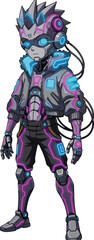 Futuristic cyberpunk character with neon tech gear, sci‑fi illustration, advanced robotics and virtual reality concept, high‑tech fashion and cybernetics, gaming and sci‑fi art, vector design