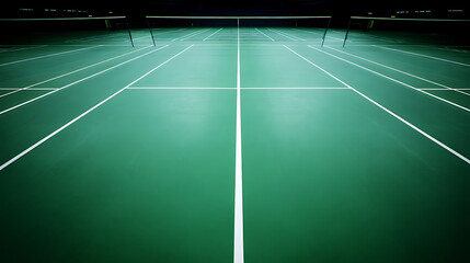 Empty indoor tennis court with green surface and white boundary lines under artificial lighting