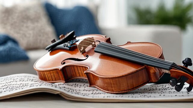 Beautiful violin resting on open sheet music in a cozy home setting