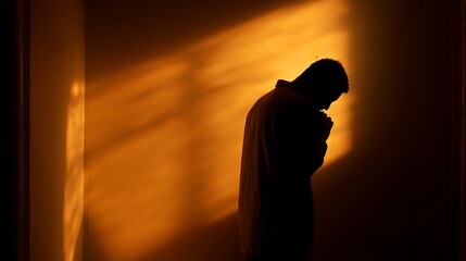 Seeking Hope: Silhouette of Man Praying for Guidance and Strength During Difficult Times. Spirituality and Faith Concept for Editorial Use, Blog Content, and Mental Health Awareness