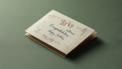An off-white greeting card with gold embossed floral frame and "Congratulations, Happy Birthday" inscription rests on a sage green surface