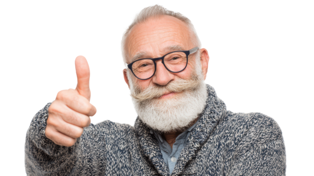 Happy senior man with a thumbs up gesture on a transparent background.