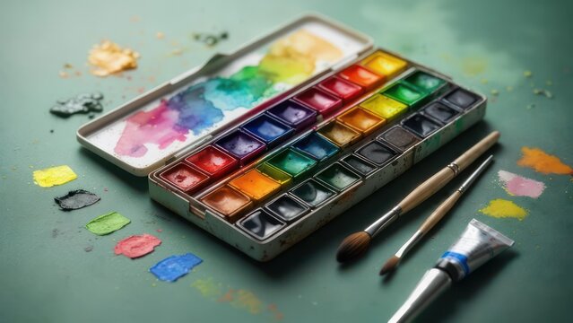 An open watercolor paint set with vibrant colors, accompanied by paintbrushes and dabs of paint on a green surface. The scene suggests artistic creation in progress