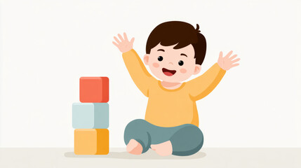 Cheerful asian child playing with stacking blocks