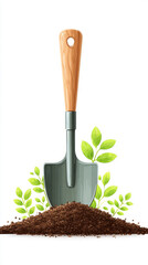 Garden trowel in soil with green leaves on white background