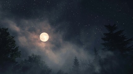 Misty forest at night under a full moon
