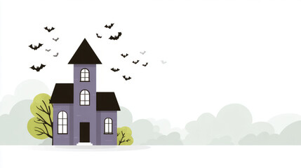 Naklejka premium Haunted house with flying bats and trees in spooky halloween scene