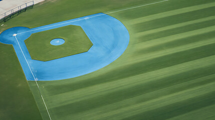 Aerial view of a baseball field with green grass and blue artificial turf around the pitcher's mound and bases