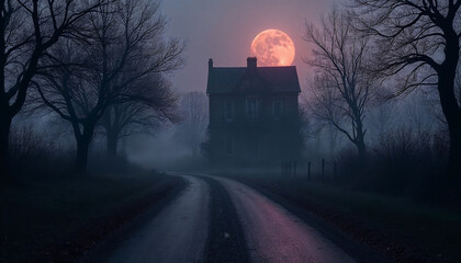 A moody, atmospheric scene set at twilight of a creepy haunted house under a full moon, next to a fog-shrouded country road, lined by gnarled, leafless trees..