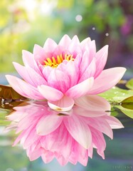 Beautiful pink lotus flower reflected in water
