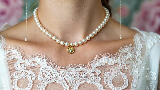 Elegant bridal necklace sparkles on lace dress in romantic closeup sequence