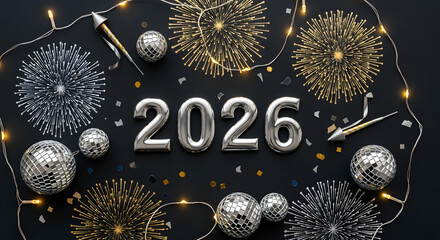 Happy New Year 2026 celebration with silver balloons, disco balls, fireworks, and lights on a black background.