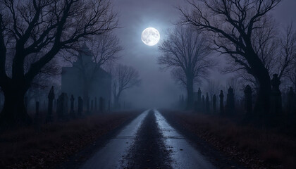 A moody, atmospheric scene set at twilight in a cemetery filled with headstones and overgrown vines looms under a full moon, next to a fog-shrouded country road, lined by gnarled, leafless trees..