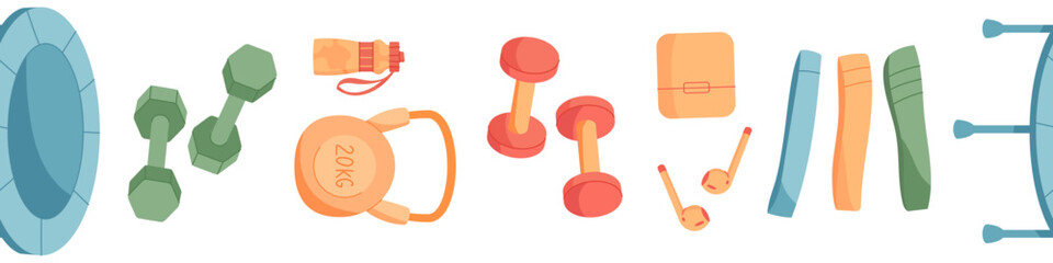 Seamless border with sport and gym equipment pattern. Includes dumbbells, kettlebells, yoga mats, and workout tools. Perfect pattern for fitness themes, exercise backgrounds, health frame designs.