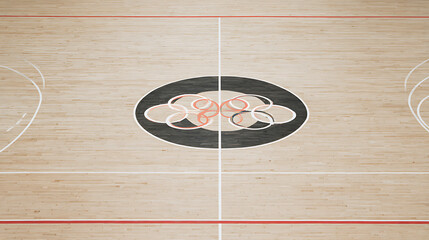 Olympic rings logo on a wooden basketball court floor