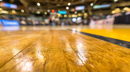 Close-up view of a polished wooden basketball court floor in an indoor arena