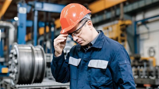 Stressed Factory Worker With Hard Hat In Industrial Plant
