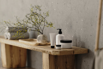Various cosmetic containers mock-up in modern bathroom interior
