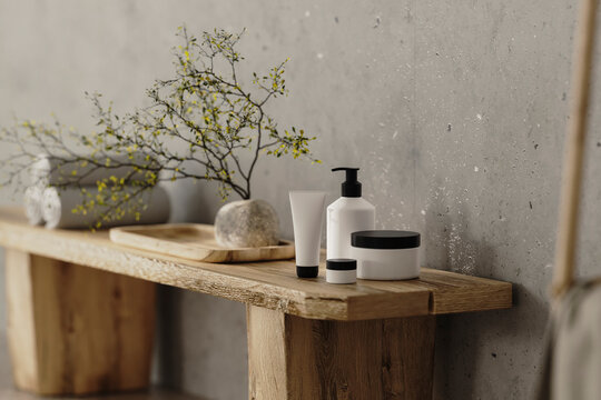 Various cosmetic containers mock-up in modern bathroom interior