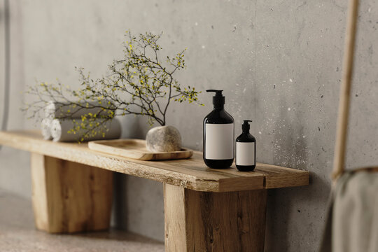 Cosmetic bottles mock-up in modern spa interior with wooden furntiture