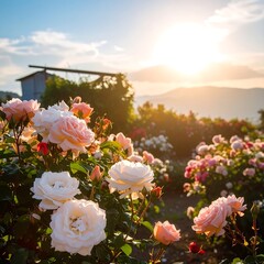 Beautiful roses in a garden at sunset