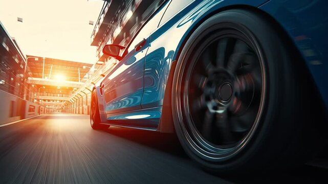 Sports Car Accelerates Through City At Sunset