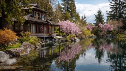 Obraz premium Japanese garden house, serene spring scene