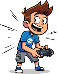 Cartoon boy playing video game with controller, gaming and entertainment illustration, fun and leisure concept, excited gamer character design, digital play theme, vector art