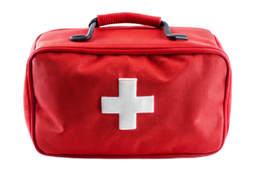 Red first aid medical kit bag emergency preparedness essential supplies isolated object isolated on transparent background