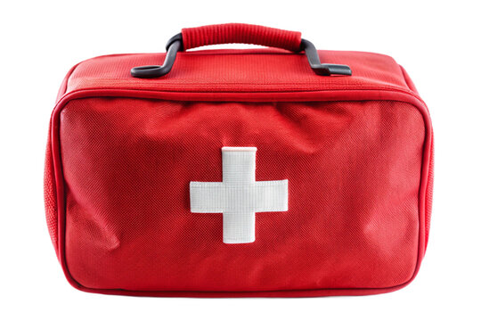 Red first aid medical kit bag emergency preparedness essential supplies isolated object isolated on transparent background