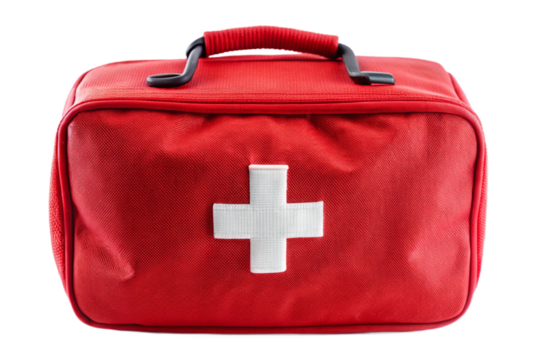 Red first aid medical kit bag emergency preparedness essential supplies isolated object isolated on transparent background