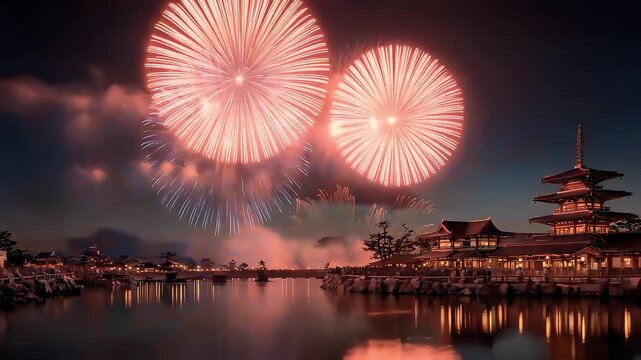 Magnificent Fireworks Exploding in the Night Sky over Ancient Oriental Architecture