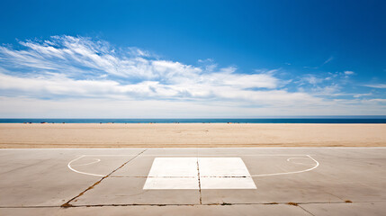 Empty basketball court on a beach with clear blue sky and ocean in the background