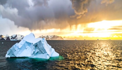 Iceberg floats in a stormy sunset over a dark ocean