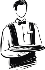 Waiter sketch hand drawn style holding serving tray in uniform &mdash; stock vector
