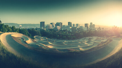 A panoramic view of a skate park with urban skyline in the background during golden hour