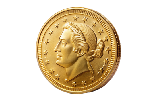 Golden dollar coin with profile of a ruler and intricate engravings high detail close-up isolated on transparent background