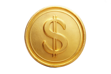Golden dollar coin with prominent dollar sign centered on a isolated on transparent background