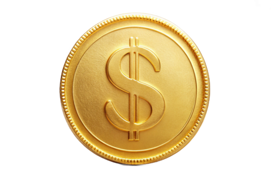 Golden dollar coin with prominent dollar sign centered on a isolated on transparent background