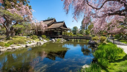 Obraz premium Japanese garden pavilion, cherry blossoms, tranquil pond reflection