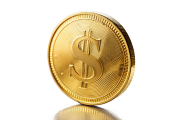 Golden dollar coin centering a symbolic financial future with sharp detail isolated on transparent background