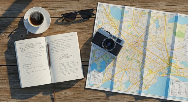 Travel Planning Coffee, Map, Camera, Notebook on Wood Table